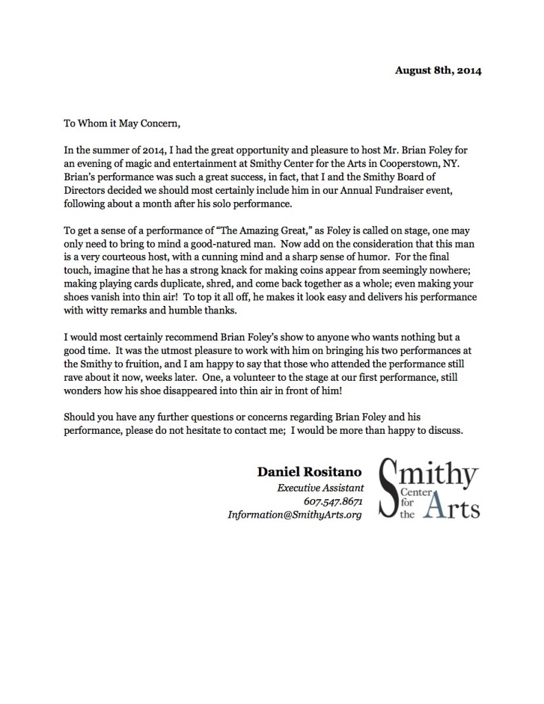 Smithy Center for the Arts Letter oF Recommendation
